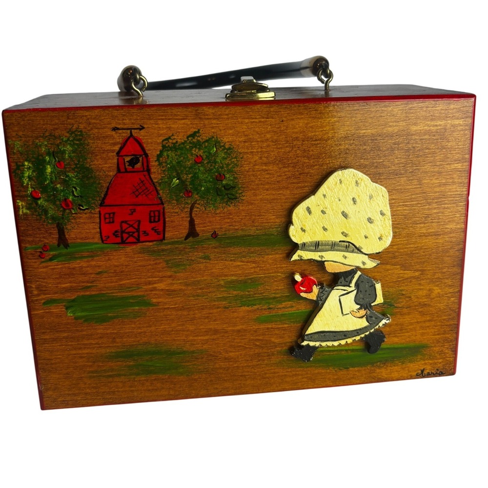 Vintage Maria Hand Painted Wooden Box Bag Sunbonnet Sue Schoolhouse Folk Art 70s